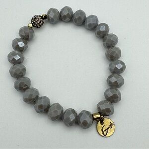 Erimish Gray Faceted Glass Bead Stretch Bracelet Gold Tone Charm